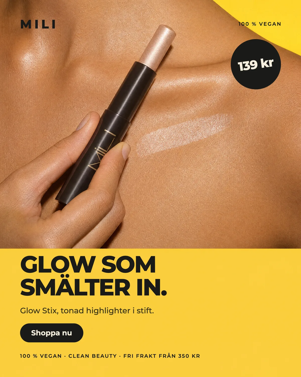 Annons: Glow Stix mot ett nyckelben på gul botten, rubriken Glow som smälter in