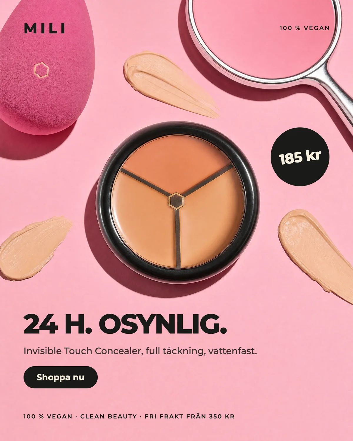 Annons: Invisible Touch Concealer i en flatlay med blender och spegel på rosa, rubriken 24 h, osynlig